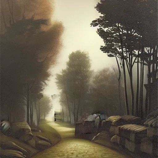 Image similar to in the style of gerald brom, caravaggio, beautiful small town, houses and buildings, 1 8 0 0 s, cobblestone roads, low light, end of day, trees, forest in the distance, light mist