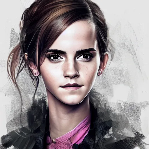 Image similar to Highly detailed portrait of Emma Watson as Blackpink. Medium shot, trend on artstation, WLOP, 4k, James Jean, Rossdraws, Yoshitaka Amano, digital art