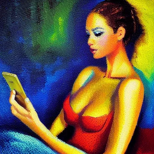 Image similar to a vivid modern impressionist painting of a beautiful woman with a smartphone, oil on canvas, pointillism, trending on artstation