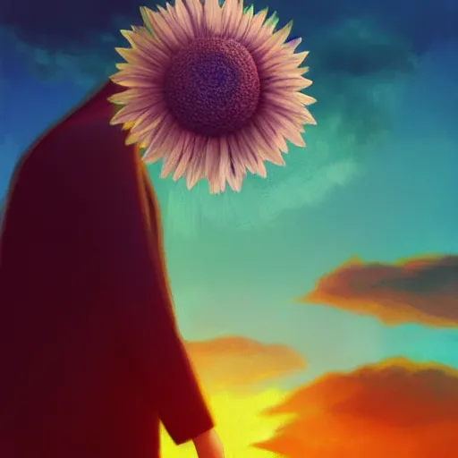 Prompt: giant daisy flower above head, frontal, a girl in a suit, surreal photography, sunrise, dramatic light, impressionist painting, digital painting, artstation, simon stalenhag