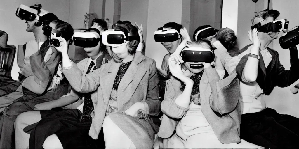 Image similar to people from the 1 9 5 0 s playing with virtual reality goggles, they are in awe, photograph