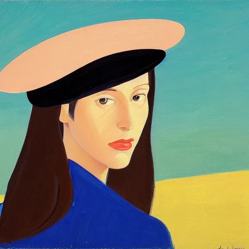 Image similar to young woman with hat, by Alex Katz, colorful, oil on canvas