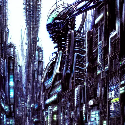 Image similar to cyber fly, background scifi cybernetic city, cinematic, highly detailed, photorealistic, rich bright colors, by giger, by tsutomu nihei