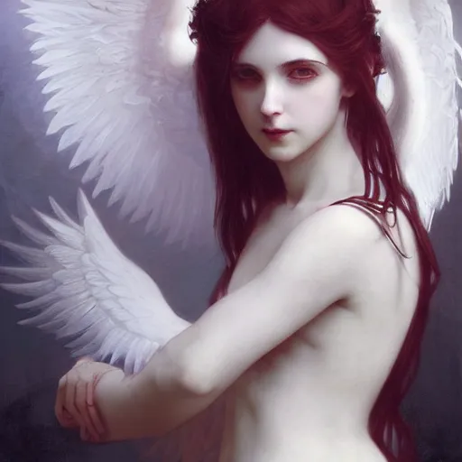 Image similar to Beautiful pale angelic goth girl with angel wings and devil\'s horns, masterpiece 4k digital illustration by Ruan Jia and Mandy Jurgens and Artgerm and william-adolphe bouguereau, highly detailed, trending on artstation, award winning,