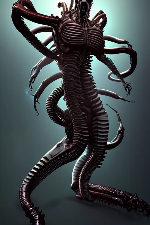 Prompt: full body of xenomorph, aggressive, au naturel, hyper detailed, digital art, trending in artstation, cinematic lighting, studio quality, frostbite 3 engine rendered, octane render, art style by klimt and nixeu and ian sprigger and wlop and krenz cushart