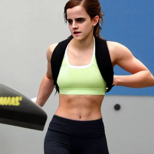 Prompt: emma watson working out in a gym, tight sports clothing, sweating, abs