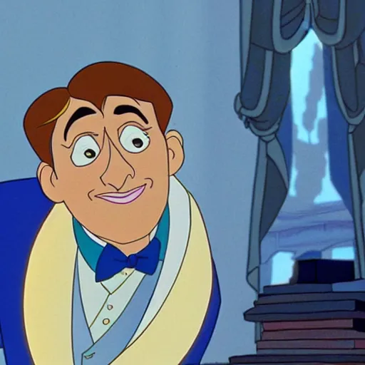 Image similar to steve carell in anastasia, don bluth animation, film still