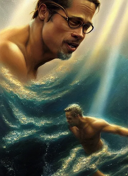 Prompt: brad pitt swimming in the ocean depths, cosmic horror painting, elegant intricate digital painting artstation concept art by mark brooks and brad kunkle detailed