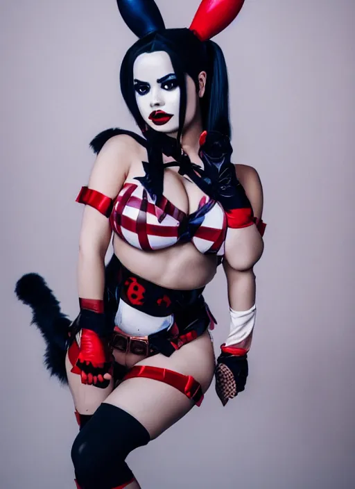 Image similar to portrait of demi rose as harley quinn, by francis giancobetti, natural light, detailed face, canon eos c 3 0 0, ƒ 1. 8, 3 5 mm, 8 k, medium - format print, full body shot