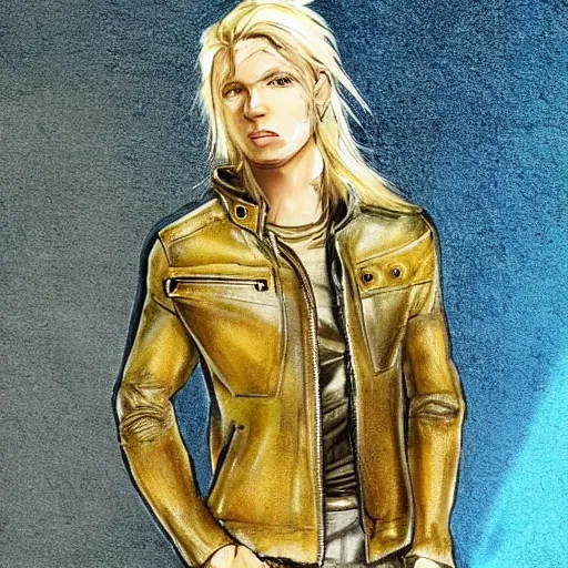 Prompt: elven male, shaggy blonde hair. Wearing modern yellow leather jacket and blue camo pants. Modern, concept art