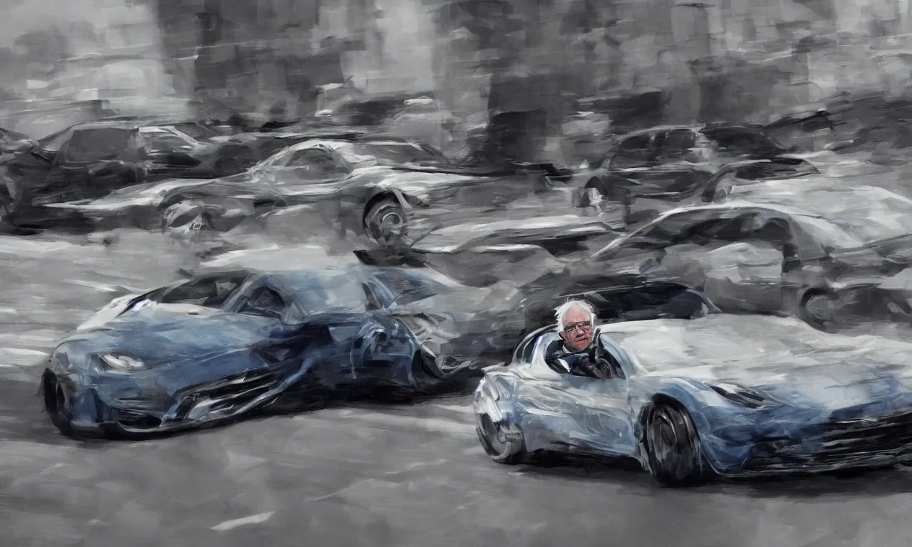 Image similar to a journalist photo of Bernie Sanders driving his opulent new sports car, flaunting his wealth, cinematic, elegant, highly detail, artstation, art