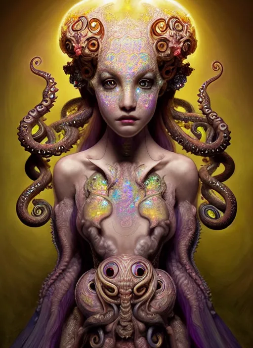 Image similar to A full shot of a cute magical monster wearing an ornate dress made of opals and tentacles. Subsurface Scattering. Translucent Skin. Caustics. Prismatic light. defined facial features, symmetrical facial features. Opalescent surface. Soft Lighting. beautiful lighting. By Giger and Ruan Jia and Artgerm and WLOP and William-Adolphe Bouguereau and Loish and Lisa Frank. Fantasy Illustration. Sailor Moon. Masterpiece. trending on artstation, featured on pixiv, award winning, cinematic composition, dramatic pose, sharp, details, Hyper-detailed, HD, HDR, 4K, 8K.