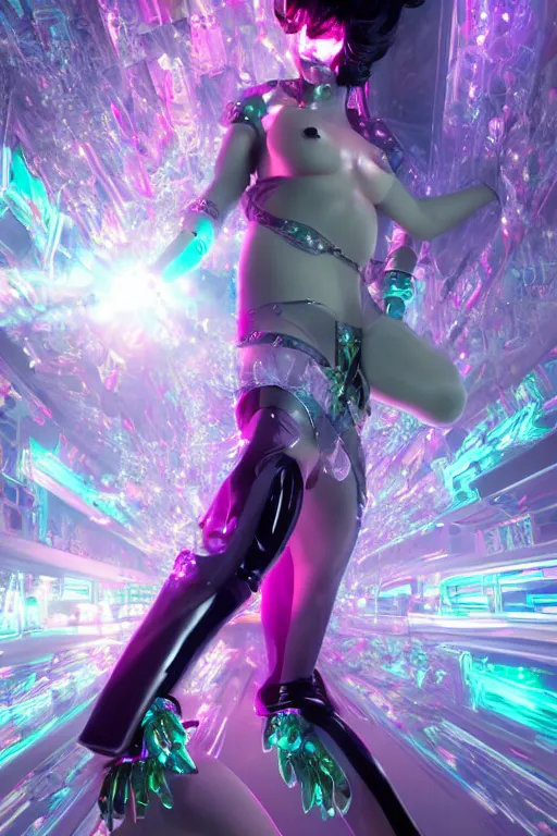 Prompt: full-body rococo and cyberpunk style crystal quartz sculpture of a young handsome seductive chilean android gogo reaching for the sky, glowing pink laser eyes, crown of white gears and diamonds, swirling green-colored silk fabric. futuristic elements. full-length view. intricate artwork by caravaggio. Trending on artstation, octane render, cinematic lighting from the right, hyper realism, octane render, 8k, depth of field, 3D