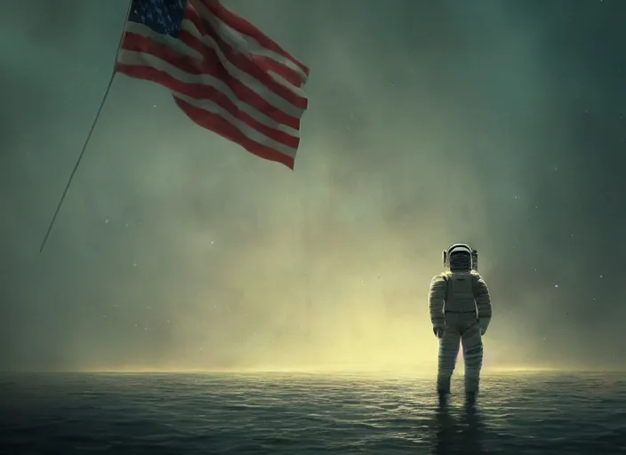 Image similar to astronaut holding a flag in an underwater desert. a submarine is visible in the distance. dark, concept art, cinematic, dramatic, atmospheric, 8 k, trending on artstation, blue, fish, low visibility, fog, ocean floor, christopher nolan, interstellar