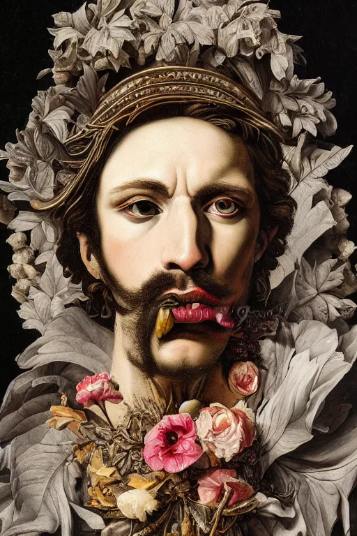 Image similar to Detailed maximalist portrait a greek god with large lips and with large white eyes, exasperated expression, botany bones, HD mixed media, 3D collage, highly detailed and intricate, surreal illustration in the style of Caravaggio, dark art, baroque