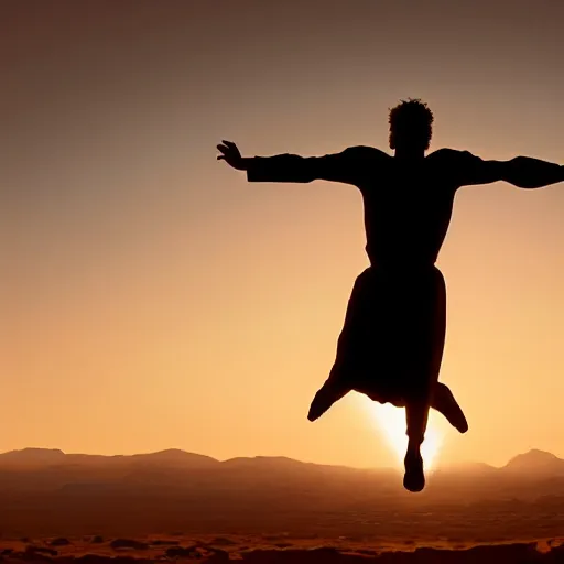 Image similar to cinematic still of silhouette of man in Biblical clothing jumping for joy, beautiful middle eastern landscape with sunrise behind, Biblical epic movie directed by Steven Spielberg