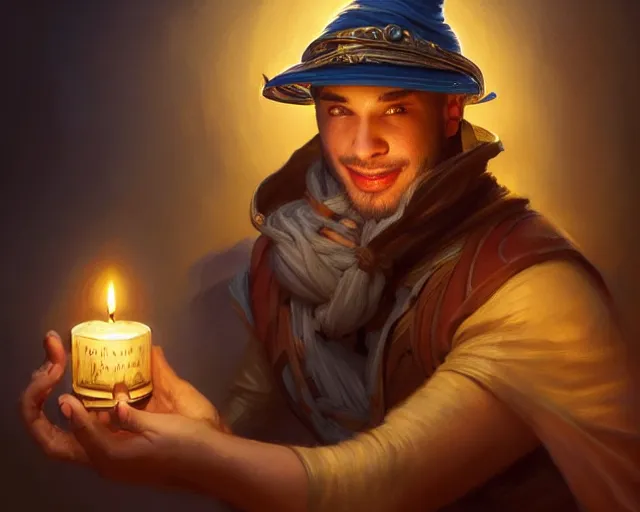 Prompt: a mind - blowing portrait of a fortune seeker male, holding a candle, wearing a sleeping cap, joyful, d & d, fantasy, intricate, elegant, highly detailed, digital painting, artstation, concept art, matte, sharp, illustration, hearthstone, art by artgerm and greg rutkowski and alphonse mucha