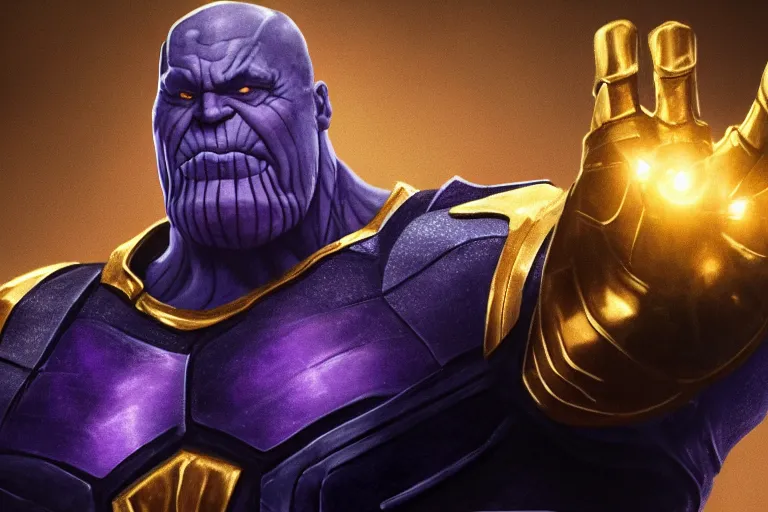 Prompt: Thanos wearing blue and gold armor smirking while raising his clenched fist in the air, trending on Artstation, highly detailed, HD wallpaper, 4k, photorealistic, digital art