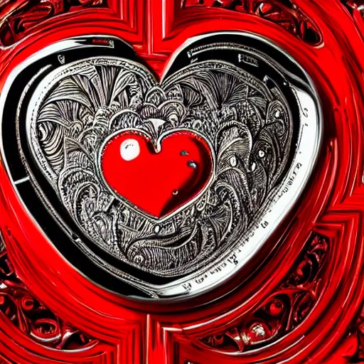 Image similar to a chrome carved heart, highly detailed, red atmosphere, intricate artwork, graphic style of Patrick Gleason very coherent symmetrical artwork, depth of field, bokeh