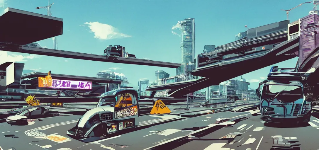 Image similar to a bosozoku truck speeding down a futuristic motorway, style of syd mead