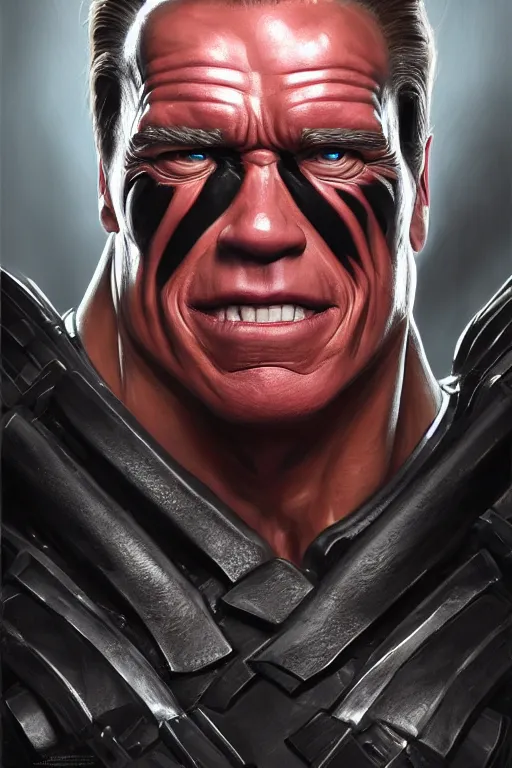 Image similar to arnold schwarzenegger as a cenobite, highly detailed, d & d, fantasy, highly detailed, digital painting, trending on artstation, concept art, sharp focus, illustration, global illumination, ray tracing, realistic shaded, art by artgerm and greg rutkowski and fuji choko and viktoria gavrilenko and hoang lap, sunny