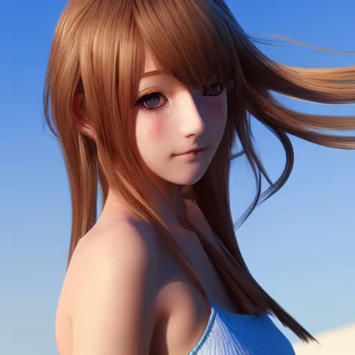 Image similar to Render of a very beautiful 3d anime girl, long hair, hazel eyes, cute freckles, full round face, short smile, cute, golden hour, serene beach setting, medium shot, mid-shot, highly detailed, trending on Artstation, Unreal Engine 4k