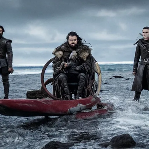 Prompt: alternative ending remake of season 8 of game of thrones, jon snow on the iron throne, bran in professor x wheelchair, khal drogo catching waves on a harley davidson surfboard in the dothraki sea