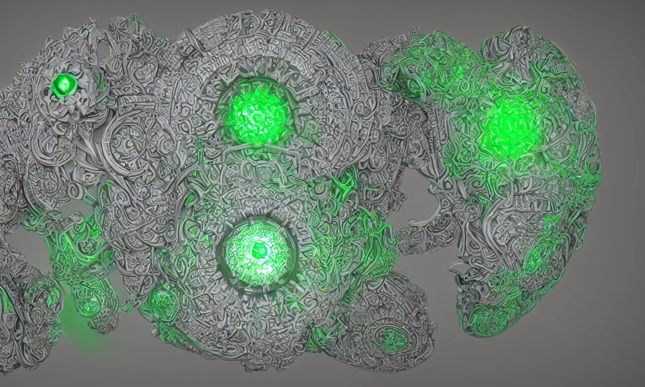 Image similar to mandrelbot 3 d volume fractal mandala ceramic chakra digital color stylized an ancient white bone and emerald gemstone relic, intricate engraving concept 3 d point lighting substance patern natural color scheme, global illumination ray tracing hdr fanart arstation by sung choi and eric pfeiffer and gabriel garza and casper konefal