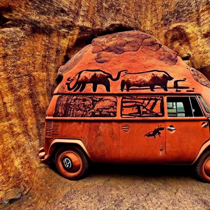 Image similar to picture of ancient vw bus, mammoths and hunters, ancient prehistoric rock art in a cave style, red ocher paint