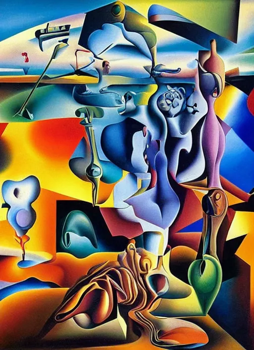 Prompt: an extremely high quality hd surrealism painting of a 3d galactic neon complimentary colored cartoon surrealism melting optical illusion 4d perspective picasso composition by kandsky and salvia dali the seventh, Salvador dali's much much much much more talented painter cousin, 4k, ultra realistic, super realistic, surreautistic
