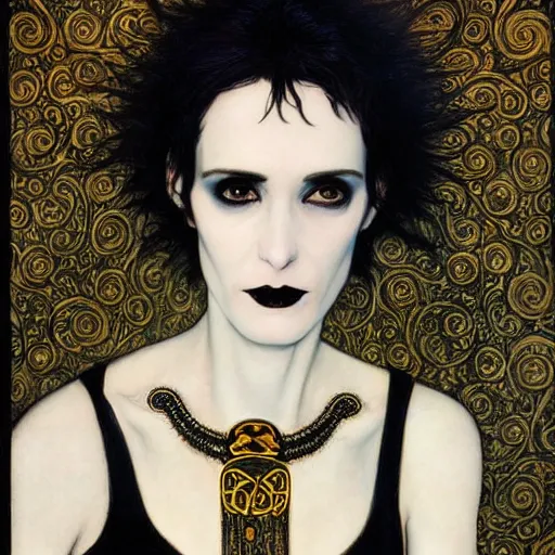 Image similar to death, a beautiful pale goth girl wearing a black vest and black punk hair, an ankh medallion hangs around her neck. the actress winona ryder, portrait by joshua middleton and gustav klimt, vertigo comic