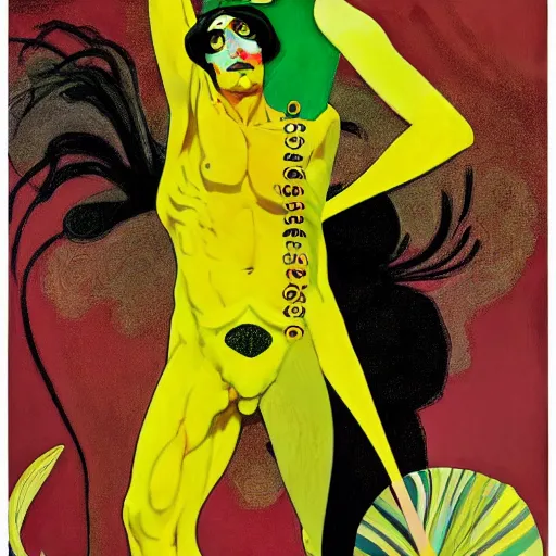 Image similar to art by joshua middleton, the yellow creeper, a tall manically smiling yellow - skinned man with green and black striped cycling shorts and wearing a long red feather boa, yellow makeup, mucha, kandinsky, poster, comic art, stylised design