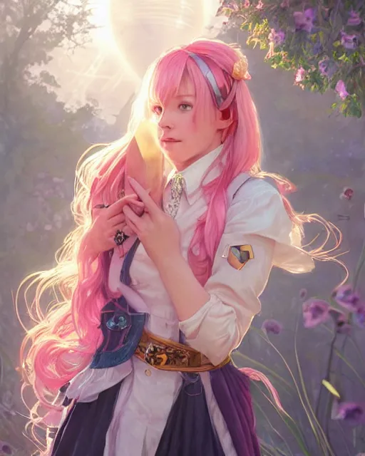 Image similar to portrait of an innocent lost college girl with pink hair, magic school uniform, fantasy building, intricate, sharp focus, lens flare, bloom, rim light, illustration, highly detailed, digital painting, concept art, matte, art by wlop and artgerm and greg rutkowski and alphonse mucha, masterpiece