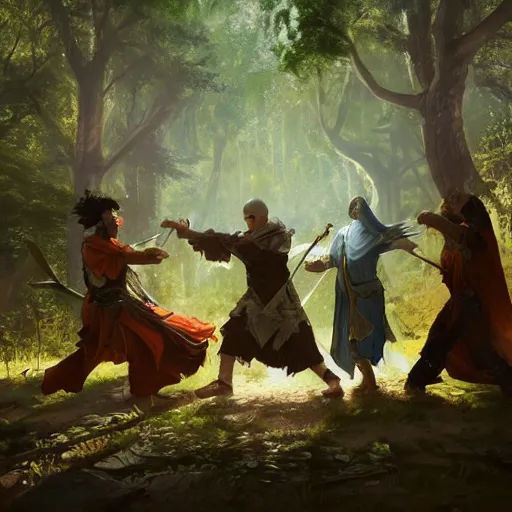 Image similar to 'A monk, bard, druid and a paladin are fighting together in the woods, art by Greg Rutkowski, 4k'