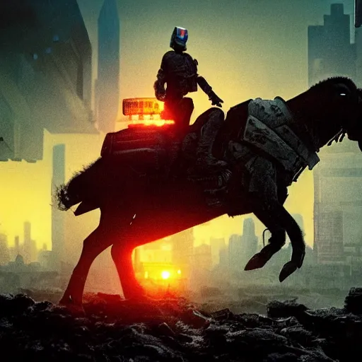 Prompt: three goats running from Judge Dredd riding across the Cursed Earth with a trail of dust behind them, and the ruins of Minneapolis ahead. Hyperrealistic, Blade Runner 2047, artstation, movie poster art