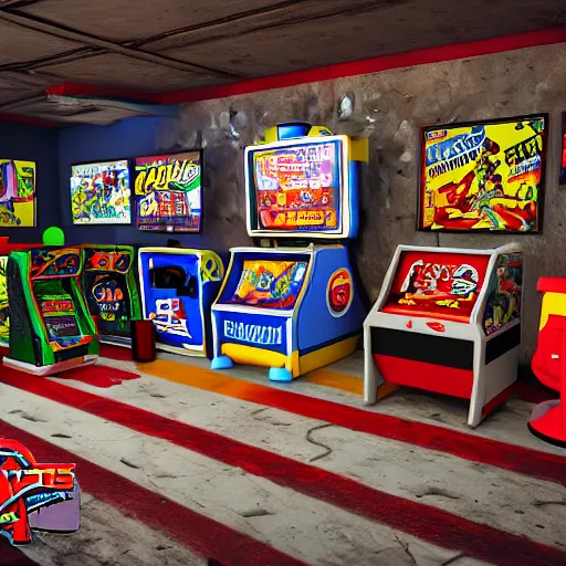 Prompt: large Mancave full of 80s toys games arcade games and wall posters Stuffy atmosphere, shadows, vintage, highly detailed, abandoned, octane render, blender, --width 768 4k