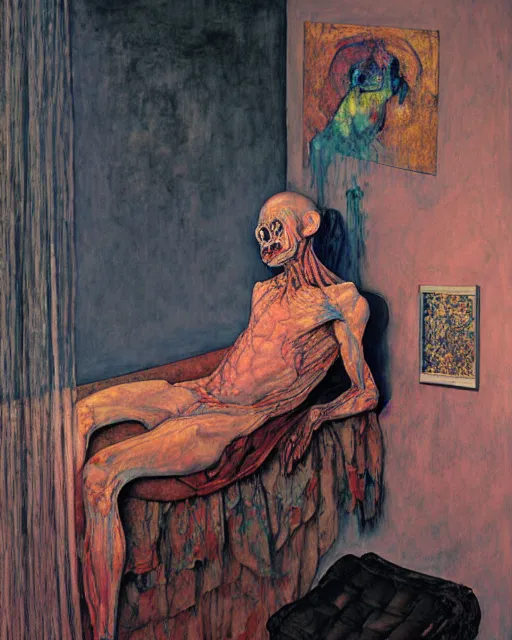 Prompt: oil painting of an old dead figure watching the sun fall from window in a living room in an old apartment, Wayne Barlowe digital art, Beksinski impasto painting, part by Egon Schiele, part by Peter Mohrbacher and Gerhard Richter. art by Francisco Goya and Takato Yamamoto,  Francis Bacon masterpiece