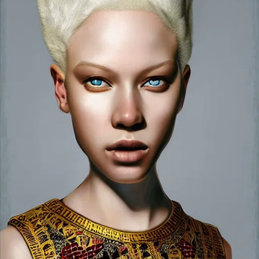 Image similar to A masterpiece portrait of a Incredibly beautiful albino African albino girl albino model.Sharpen With big bright African jewelry. In wonderful African clothes. Vogue. trending on artstation, digital art, by Stanley Artgerm Lau, WLOP, Rossdraws, James Jean, Andrei Riabovitchev, Marc Simonetti, Yoshitaka Amano