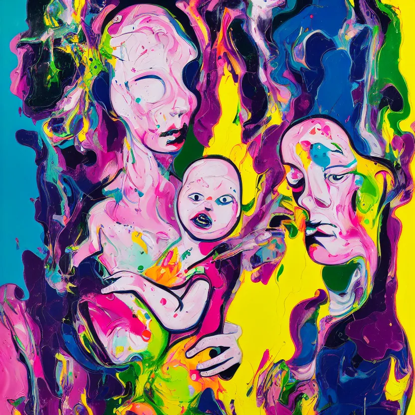 Image similar to woman holding a baby, an ultrafine detailed painting by peter max and francis bacon and fiona rae and hernan bas and anna mond, featured on deviantart, metaphysical painting, pop surrealism, melting paint, biomorphic, mixed media, photorealistic, dripping paint, palette knife texture, masterpiece