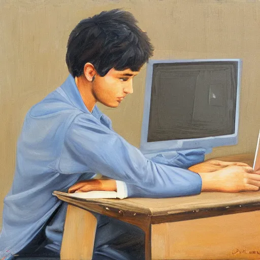 Image similar to detailed intricate socialrealism painting of web designer with laptop, heroic, beautiful