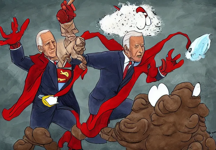 Prompt: Joe biden as a superhero fighting a poop ghost, artwork by Inceoglu, Ismail