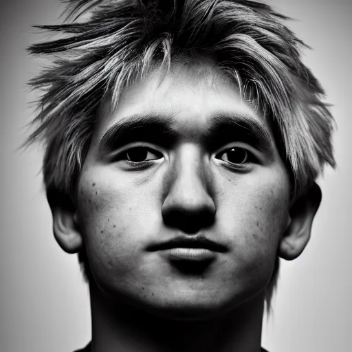 Prompt: portrait of down syndrome xqc, sharp focus, 4 k editorial photograph, soft lighting, black background