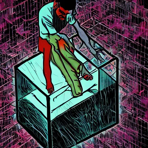 Prompt: (Man) trapped tightly in the floating punishment cube, (orbit) (contortionism) (haunting colors) (claustrophobic atmosphere)