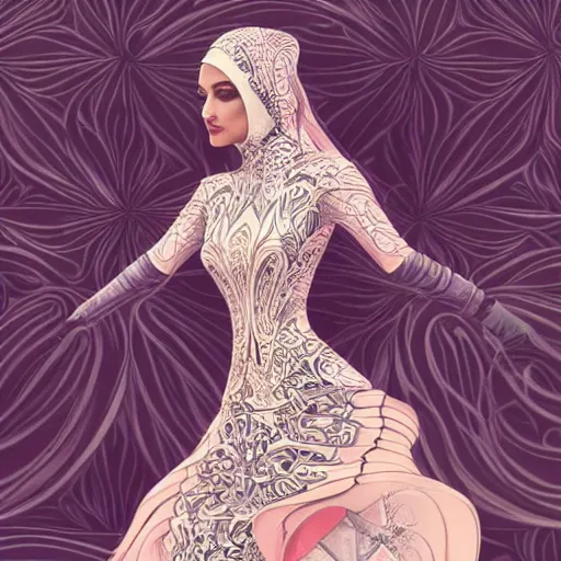 Image similar to a beautiful arabian woman wearing a futuristic dress by alexander mcqueen, artgerm, fashion show, futuristic, organic dress, seamless pattern, concept art, fantasy