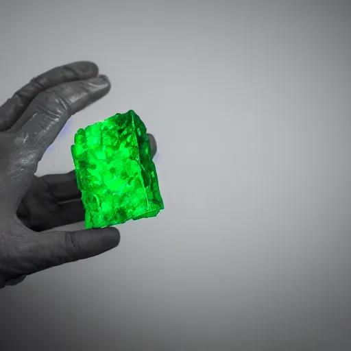 Image similar to a glowing shard of kryptonite held in an open black - gloved hand, pitch black, dimly lit only by the green glow of the kryptonite