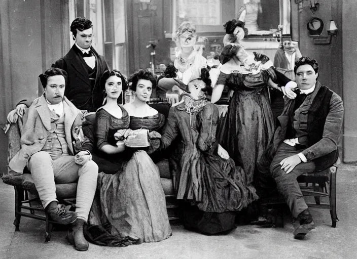 Image similar to a daguerrotype of a film still of friends sitcom in 1 8 0 0 s, vintage