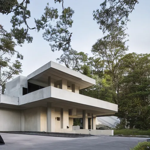 Prompt: second story elevated white brutalist home perched atop 2 equidistant separated large piers, double cantilevered design, large windows, elegant, white stone, proportion, golden ratio, epic composition, steel window mullions, cars parked underneath