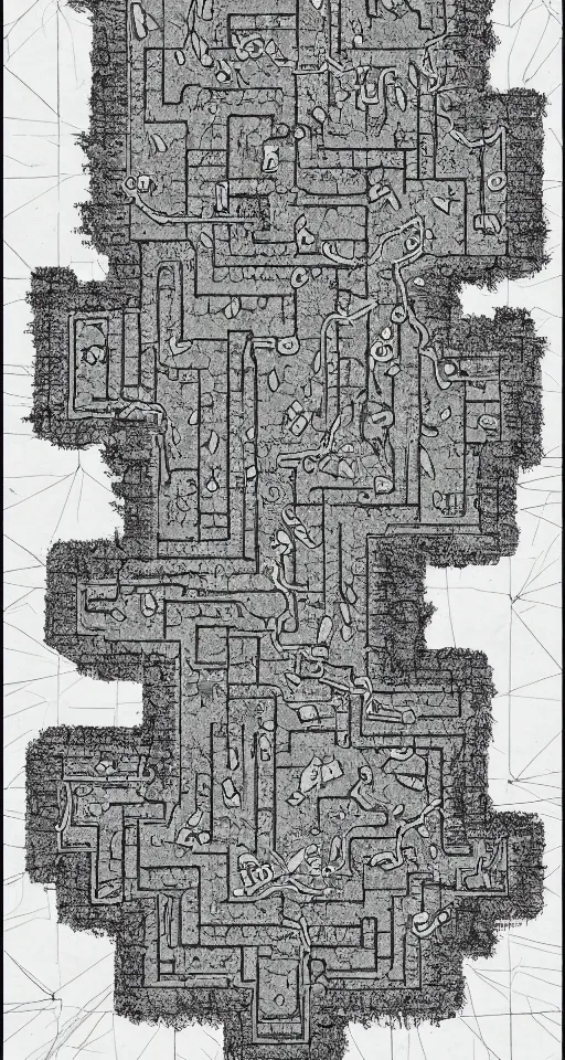 Prompt: a black and white dungeon map. d & d battlemap. small dungeon. a few large rooms. clean design. high definition etching