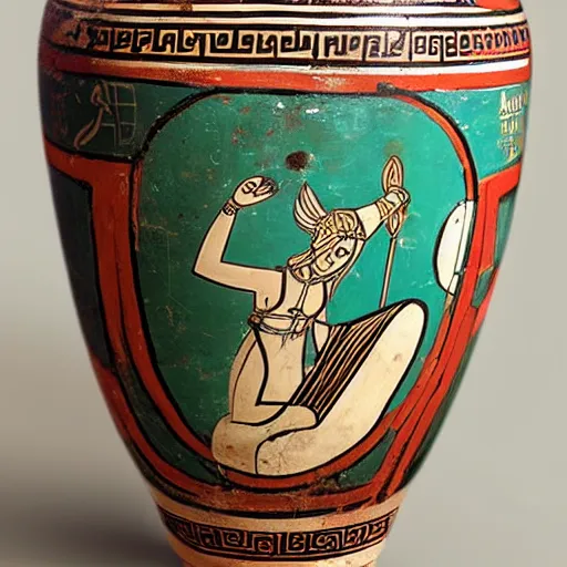 Prompt: ancient painted greek urn depicting the vocaloid miku