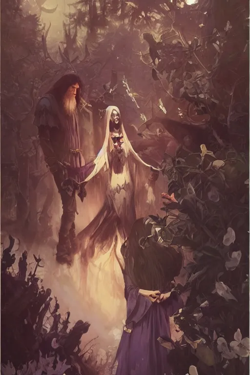 Image similar to hagrid the viking and gothic medieval morticia addams walking in enchanted forest with flowers, greg manchess painting by sargent and leyendecker, fantasy medium shot asymmetrical intricate elegant matte painting illustration hearthstone, by greg rutkowski by greg tocchini by james gilleard